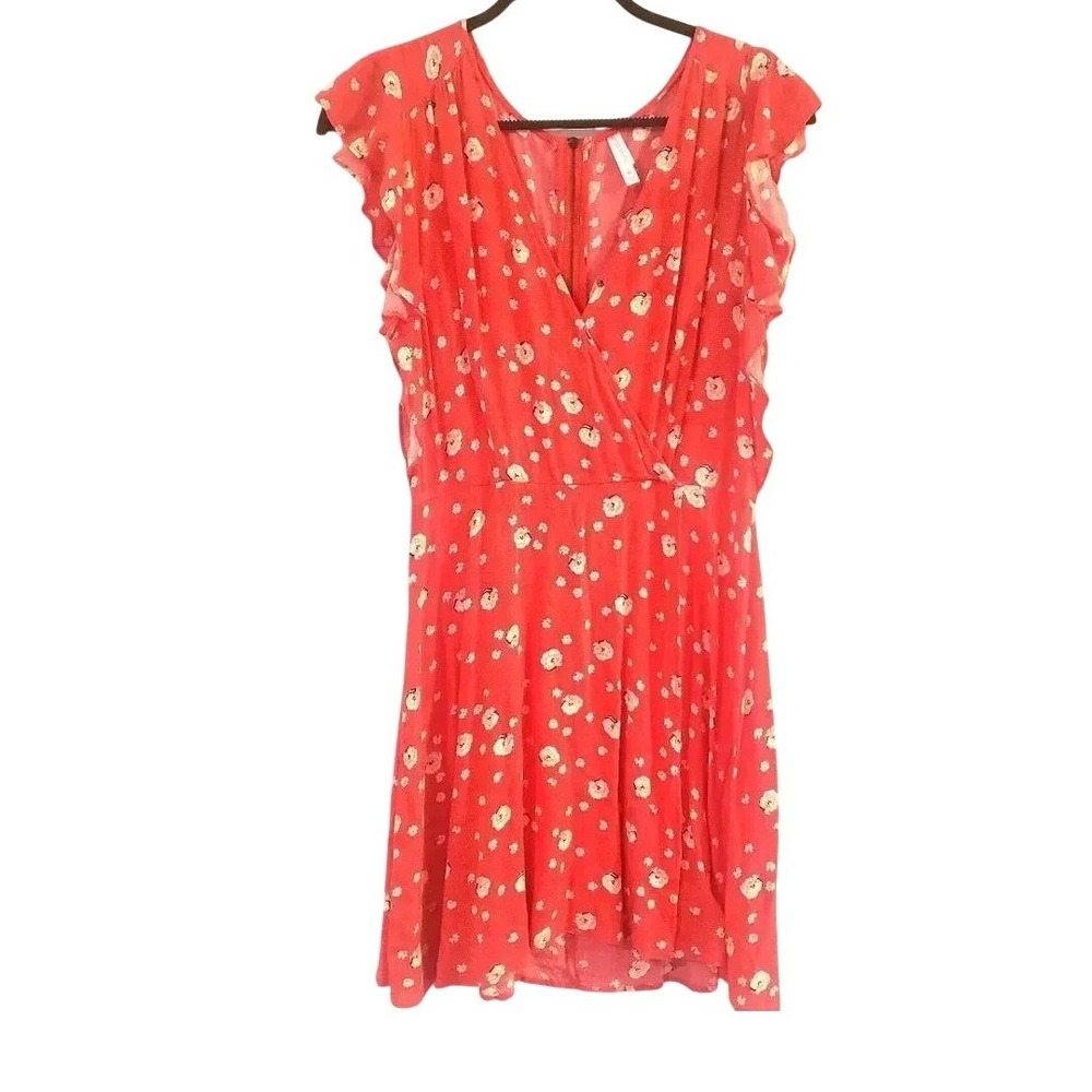 Xhilaration Red Floral Faux Wrap Mini Dress Ruffle Cap Sleeve V-Neck Size M